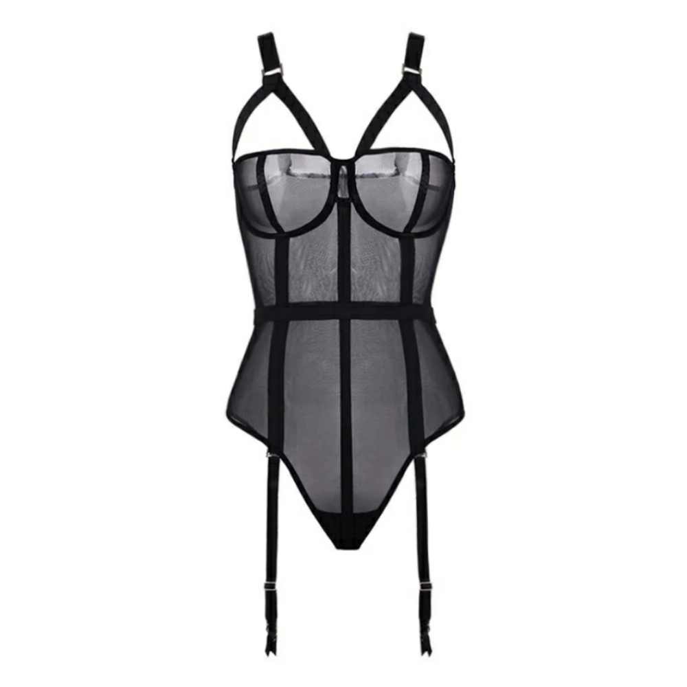 NWT CALLIOPE Strappy Black Bodycon Mesh Bodysuit with Garters Lingerie Goth - Picture 9 of 12
